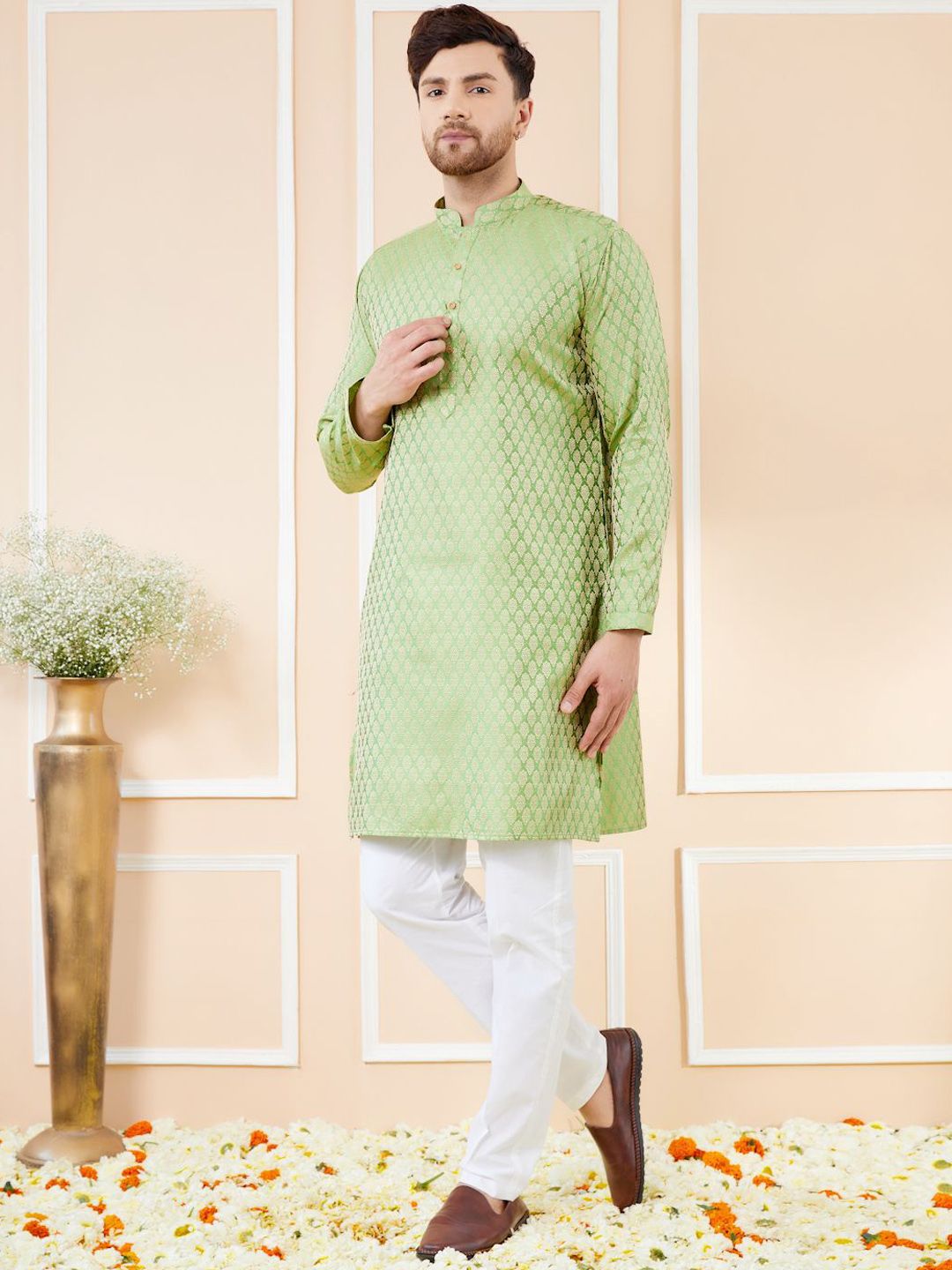 See Designs Ethnic Motifs Woven Design Mandarin Collar Pure Silk Straight Kurta