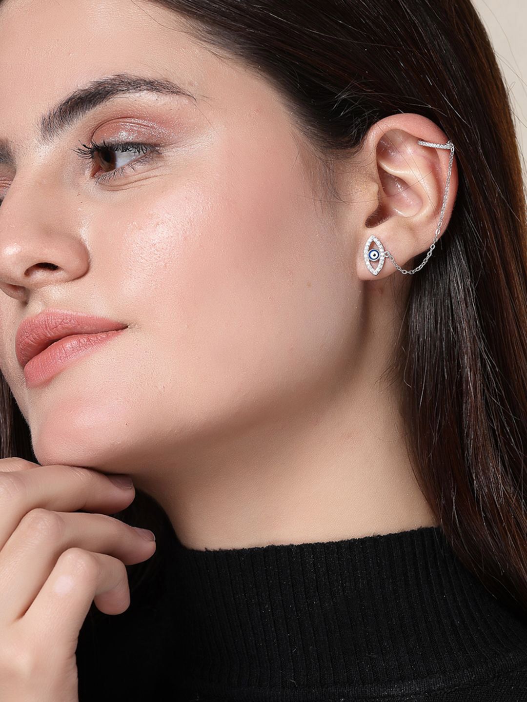 PANASH 925 Sterling Silver Rhodium-Plated CZ-Studded Ear Cuff Earrings