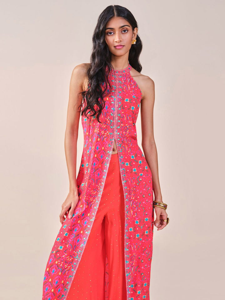 Global Desi Ethnic Motifs Printed Halter Neck Thread Work Kurta with Palazzos