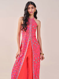 Global Desi Ethnic Motifs Printed Halter Neck Thread Work Kurta with Palazzos