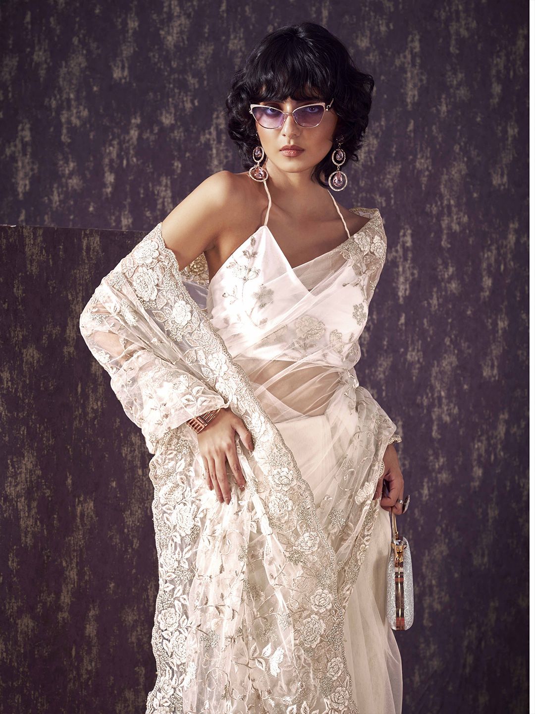 Tikhi Imli Floral Sequinned Embroidered Net Saree With Scalloped Border