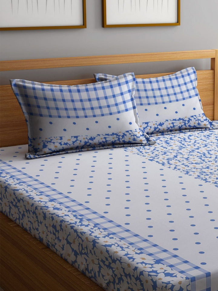 Myntra Elegant Homes White Floral Polycotton 300 TC Fitted King Fine Bedsheet dengan 2 Sarung Bantal-98 x 87 inci