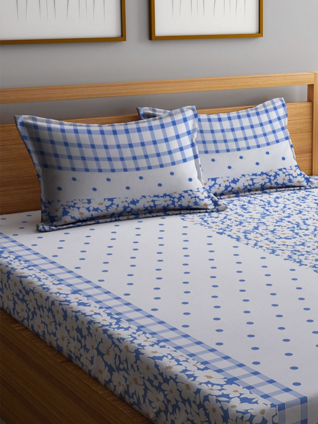 Myntra Elegant Homes White Floral Polycotton 300 TC Fitted King Fine Bedsheet dengan 2 Sarung Bantal-98 x 87 inci