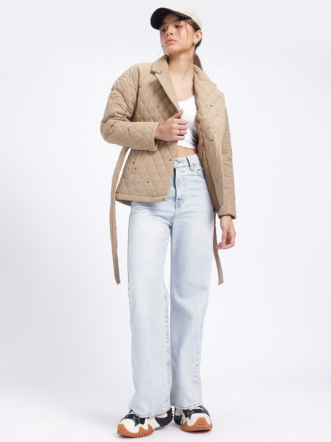 DressBerry Urban Luxe Notched Lapel Tie-Up Waist Quilted Jacket