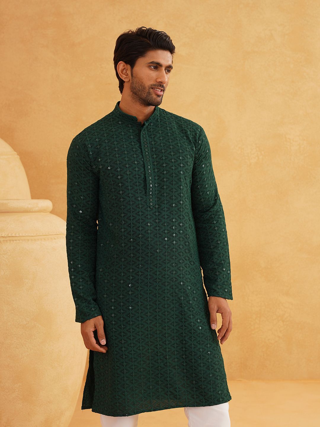 SOJANYA Chevron Embroidered Sequinned Mandarin Collar Pure Cotton Kurta With Churidar