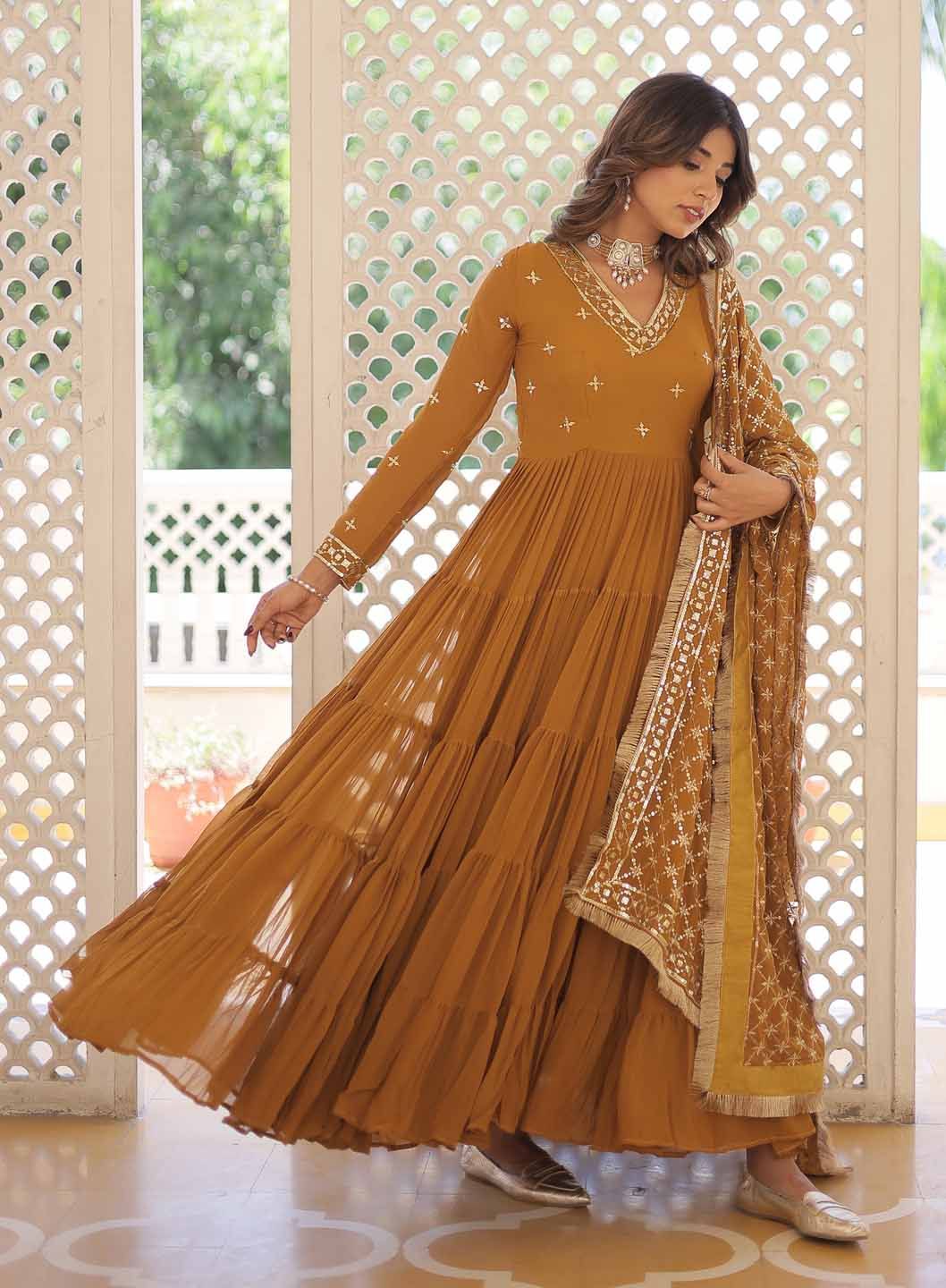 KALINI Sequin Embroidered Tiered Anarkali Kurta With Duppatta
