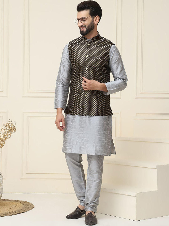 SOJANYA Mandarin Collar Silk Cotton Straight Kurta with Churidar & Nehru jacket