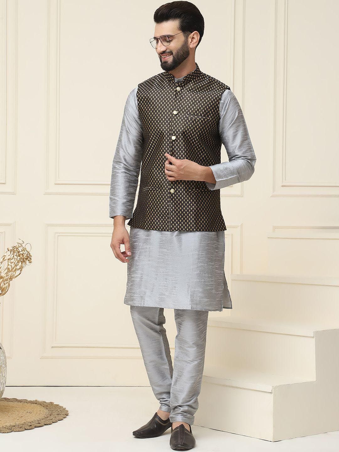 SOJANYA Mandarin Collar Silk Cotton Straight Kurta with Churidar & Nehru jacket