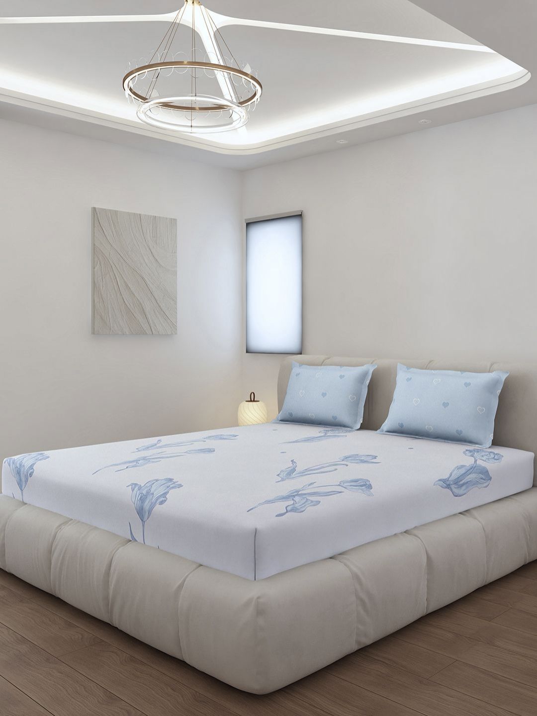 Monte Carlo Stanley Blue & White Floral Printed 144 TC King Bedsheet Set 1.85 m x 1.95 m