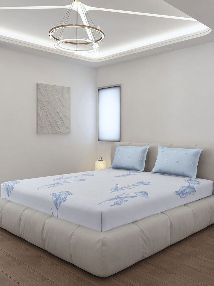Monte Carlo Stanley Blue & White Floral Printed 144 TC King Bedsheet Set 1.85 m x 1.95 m