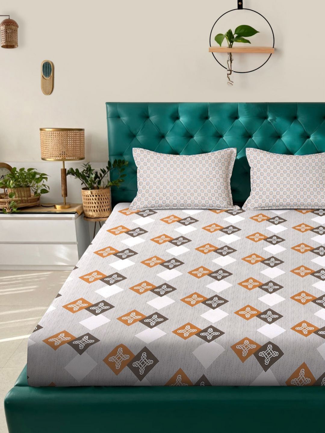 KLOTTHE Grey Geometric Flat 400TC Pure Cotton Double King Bedsheet with 2 Pillow Cover