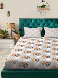 KLOTTHE Grey Geometric Flat 400TC Pure Cotton Double King Bedsheet with 2 Pillow Cover