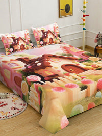 Cetakan Kartun Coklat & Hijau Dilengkapi Cadar Katil King Double 7D 400 TC Dengan 2 Sarung Bantal
