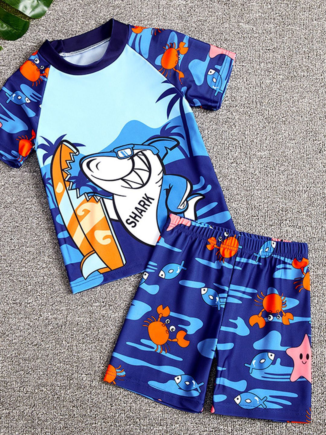 YK Girls Cartoon Shark Printed Nautical Short Sleeves Swim Set