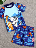 YK Girls Cartoon Shark Printed Nautical Short Sleeves Swim Set