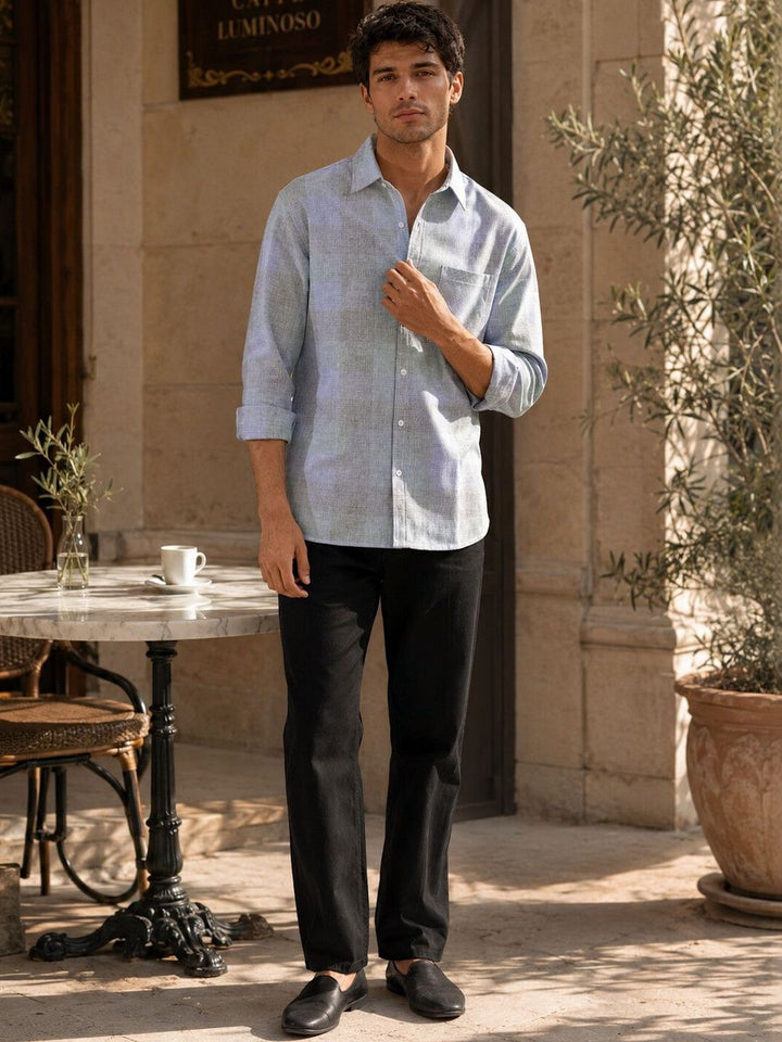 Eszett Men Checked Spread Collar Cotton Baju Kasual