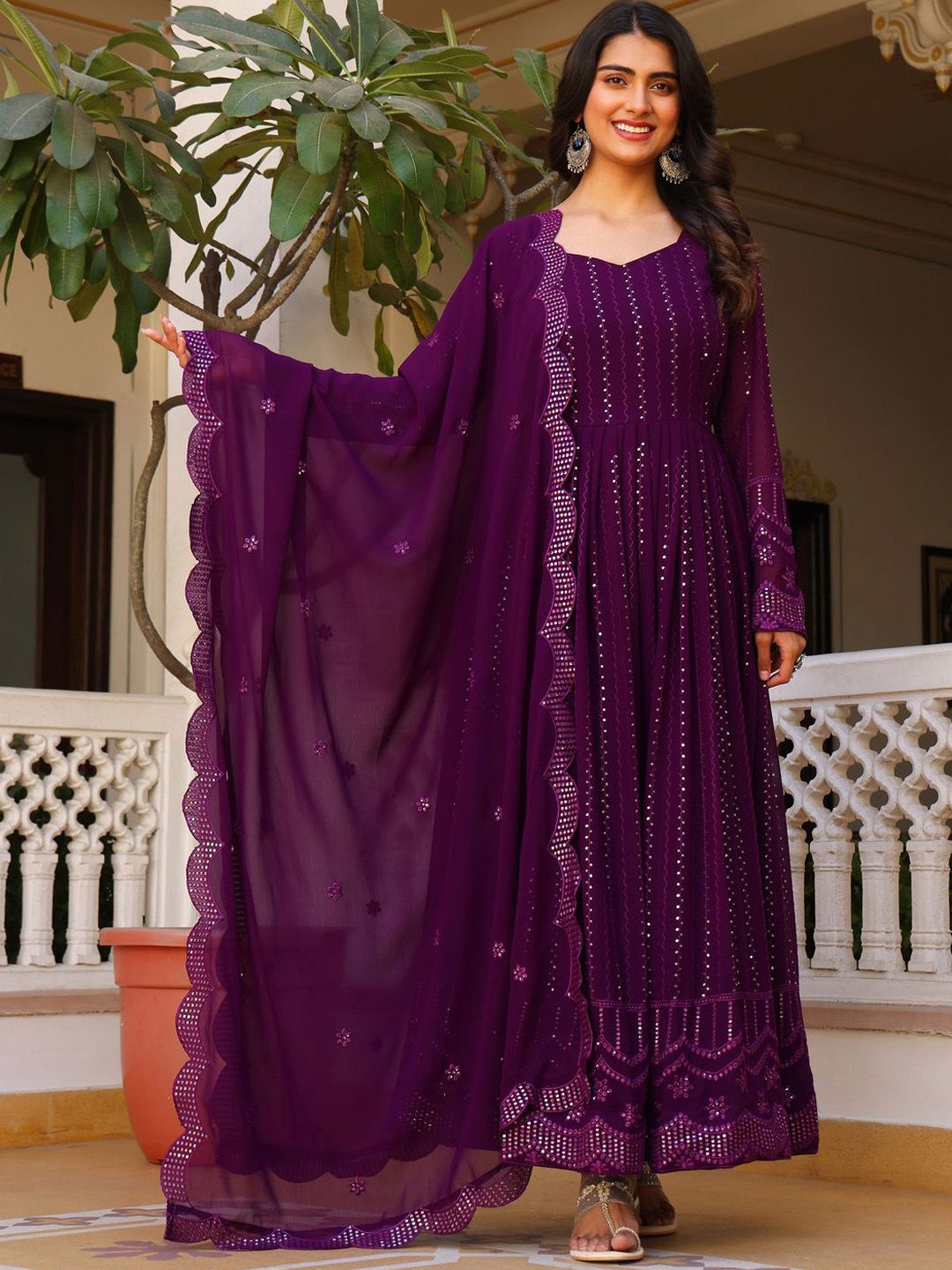 KALINI Striped Sweetheart Neck Thread Work Georgette Anarkali Kurta With Pyjamas & Dupatta