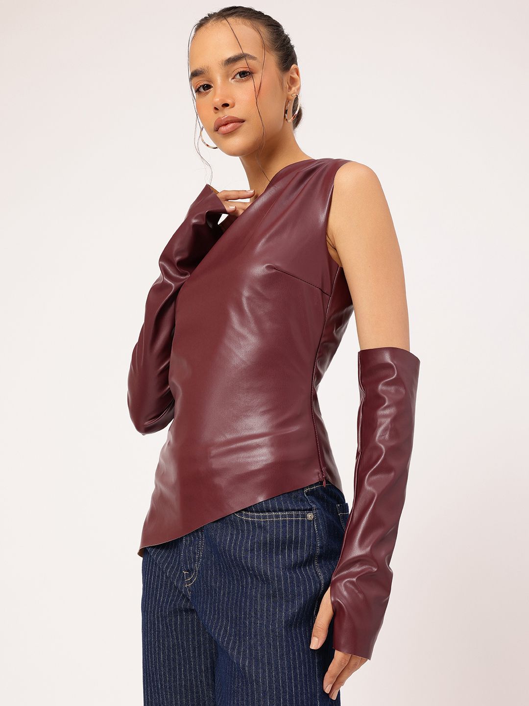 DressBerry Glossed-Up Faux Leather Asymmetric Top With Hand Gloves