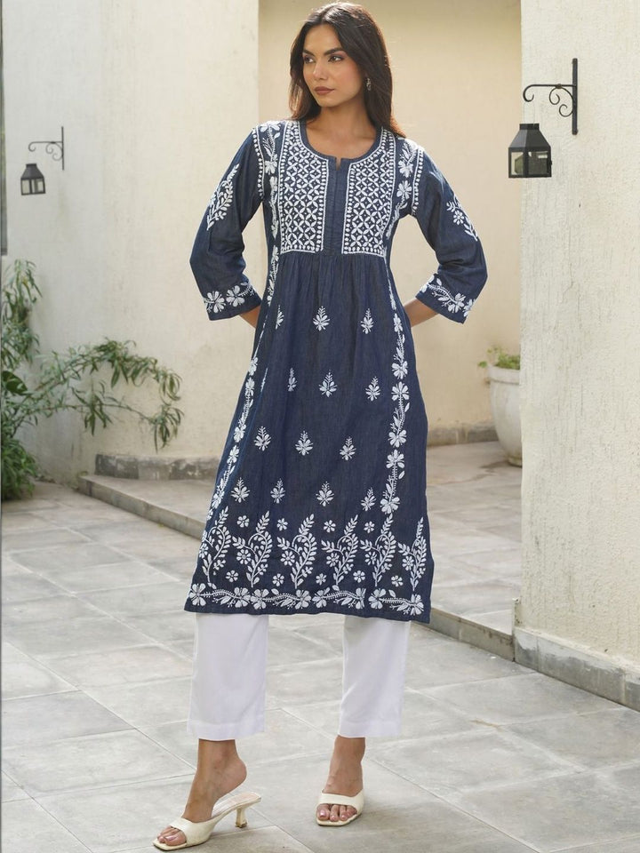 House of Chikankari Women Solid Blue Denim A-Line Kurta