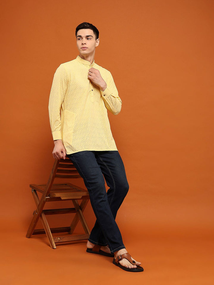 House of Chikankari Men Yellow Cotton Chikankari Embroidered Kurta