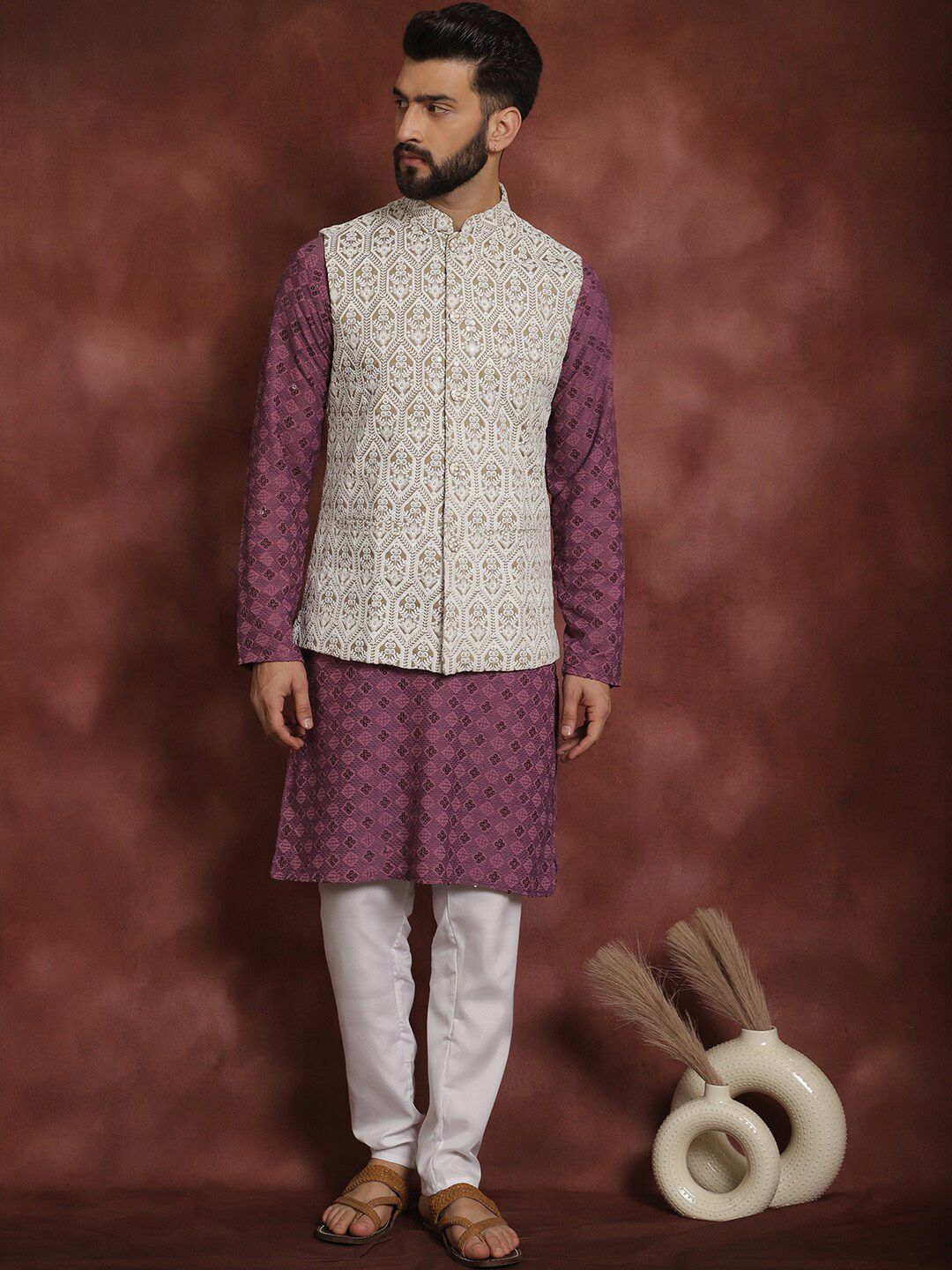 Anouk Geometric embroidered Mandarin Collar Long Sleeves Cotton Kurta