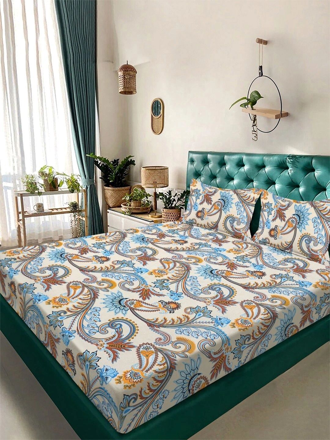 Myntra Elegant Homes Blue & White Floral 300 TC King Bedsheet with 2 Pillow Covers