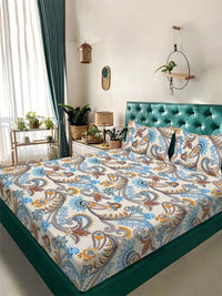 Myntra Elegant Homes Blue & White Floral 300 TC King Bedsheet with 2 Pillow Covers