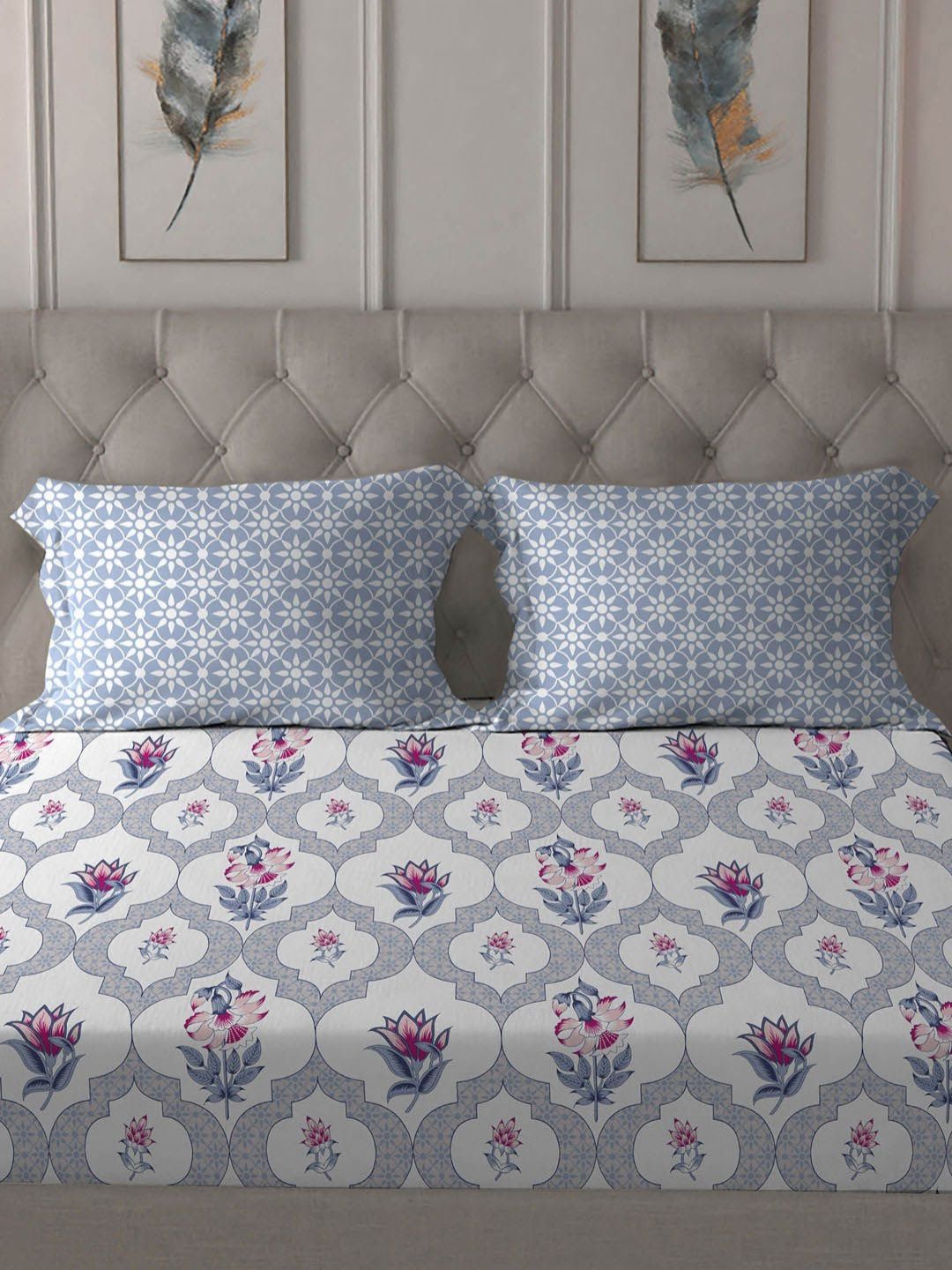 MYTRIDENT Blue Dusk & Dawn Flat 144TC Queen Cotton 1 Bedsheet with 2 Pillow Covers