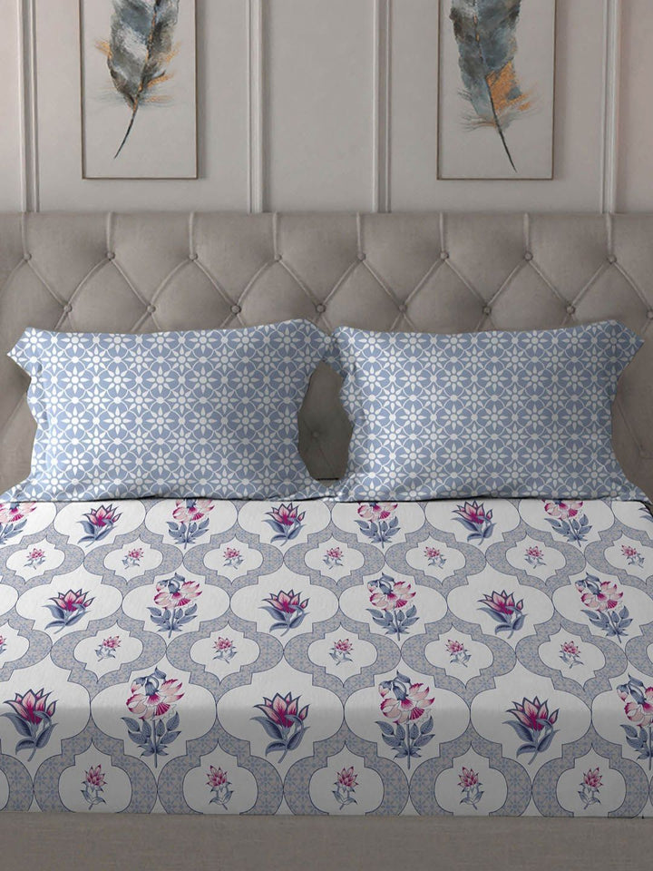 MYTRIDENT Blue Dusk & Dawn Flat 144TC Queen Cotton 1 Bedsheet with 2 Pillow Covers
