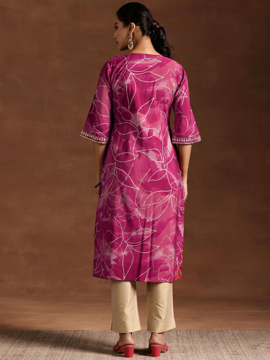 Libas Floral Printed Notch Neck Sequinned A-Line Kurta