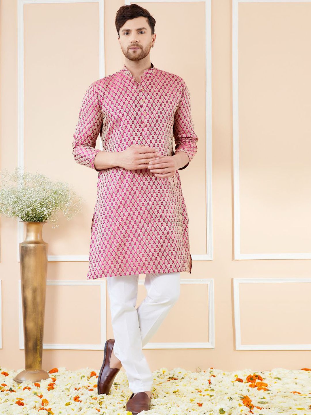 See Designs Ethnic Motifs Woven Design Long Sleeves Regular Straight Kurta & Pyjama