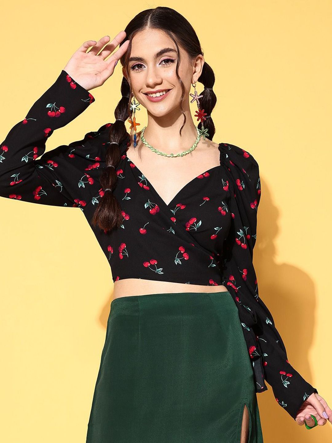 Berrylush Print Sweetheart Neck Puff Sleeve Wrap Crop Top