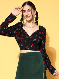 Berrylush Print Sweetheart Neck Puff Sleeve Wrap Crop Top