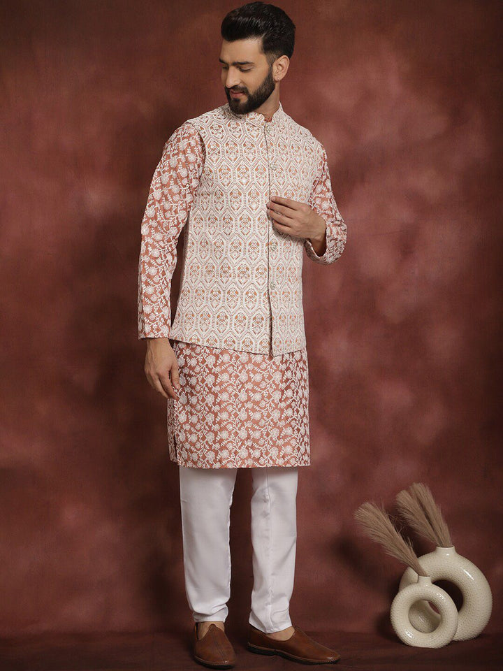 Anouk Floral Embroidered Regular Kurta with Churidar & Nehru jacket
