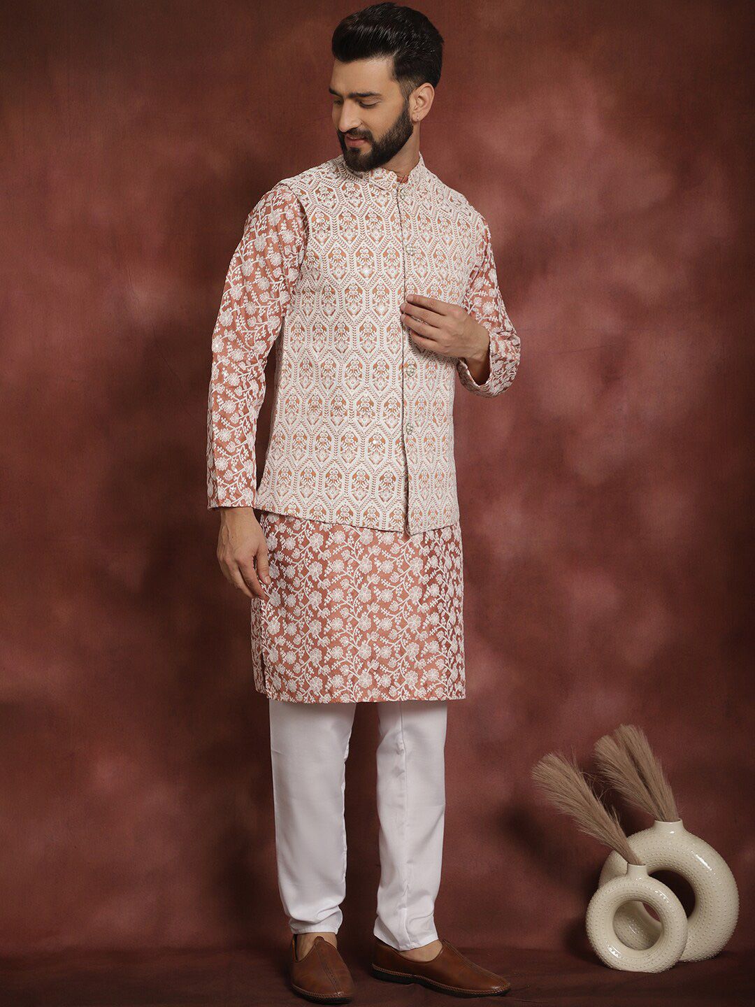 Anouk Floral Embroidered Regular Kurta with Churidar & Nehru jacket