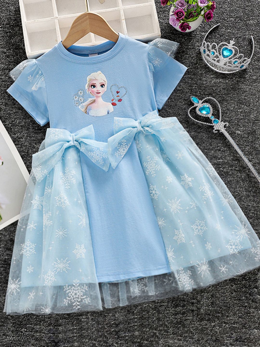 YK Girls Elsa Print Round Neck Tulle Fit & Flare Dress