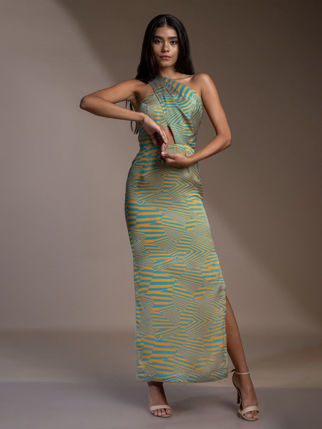 Mamicha Print One Shoulder Georgette A-Line Midi Dress