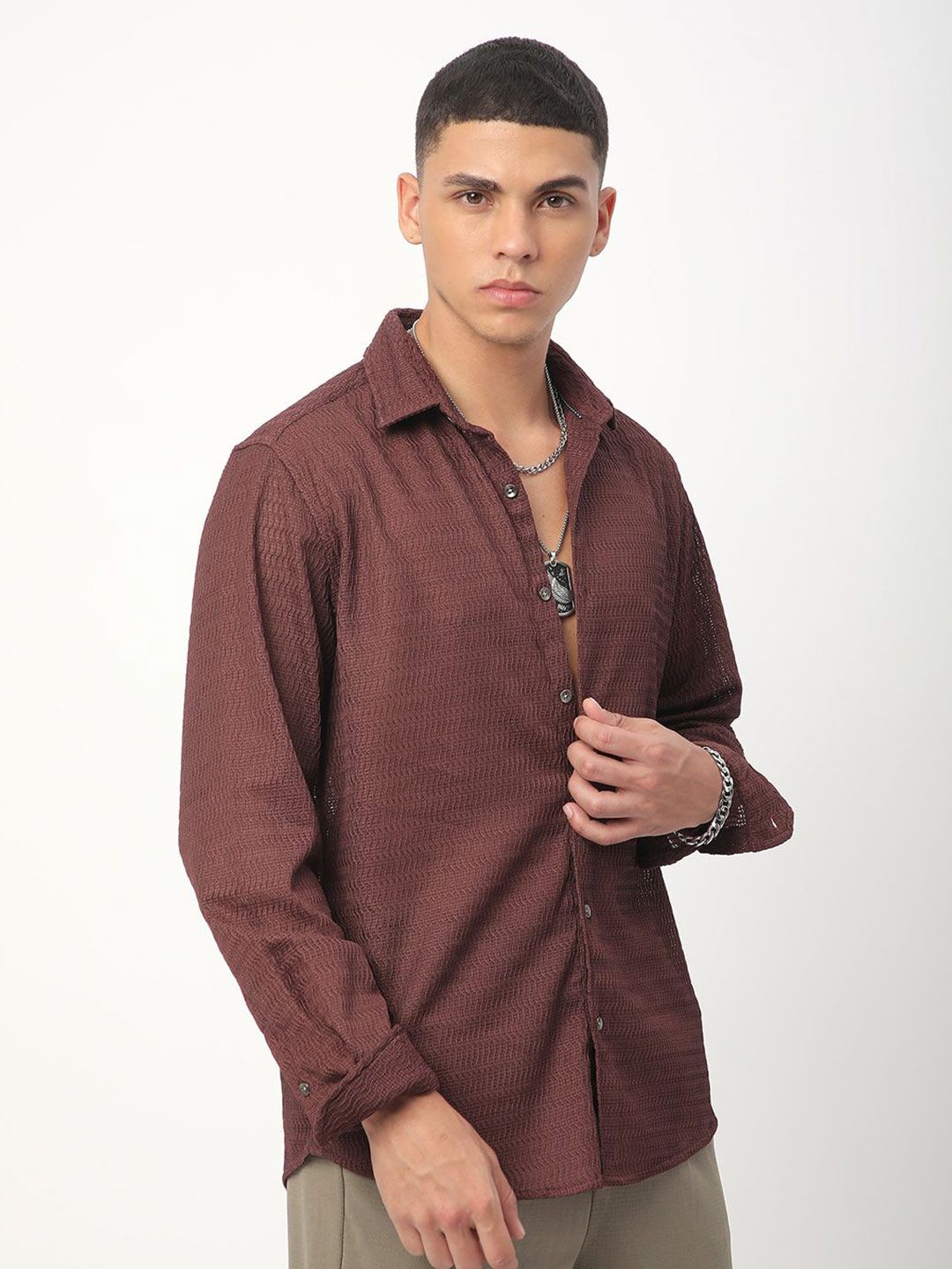 VASTRADO Men Classic Spread Collar Textured Slim Fit Casual Shirt