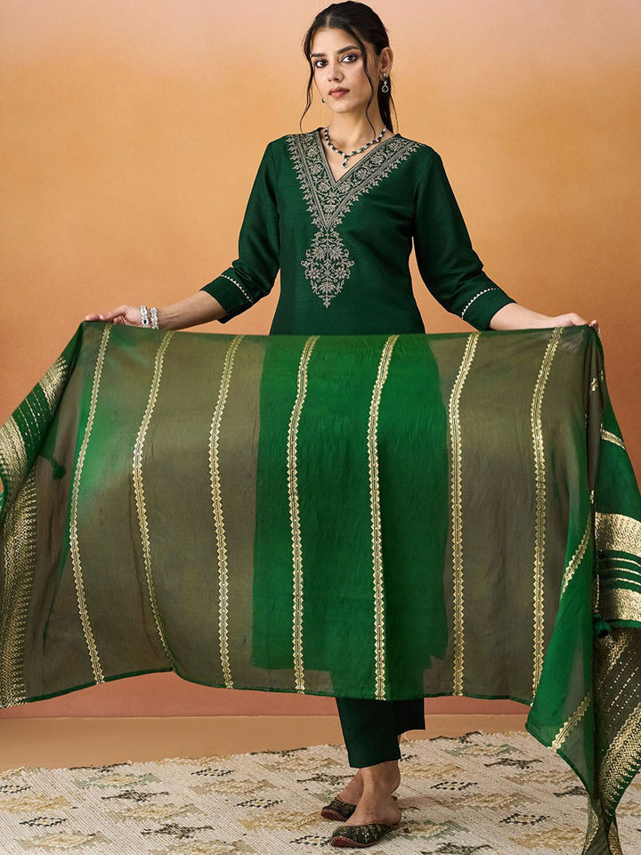KALINI Ethnic Motifs Embroidered V-Neck Straight Kurta With Trousers & Dupatta