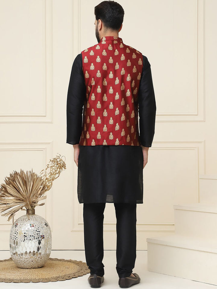 SOJANYA Mandarin Collar Silk Cotton Straight Kurta with Churidar & Nehru jacket