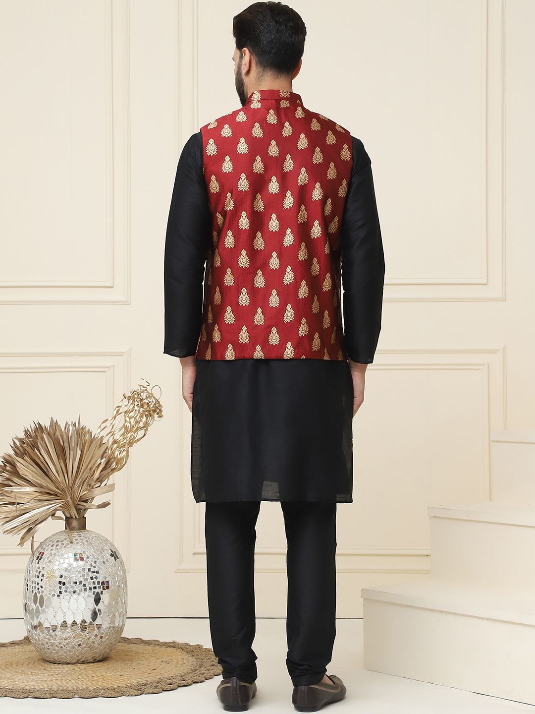 SOJANYA Mandarin Collar Silk Cotton Straight Kurta with Churidar & Nehru jacket