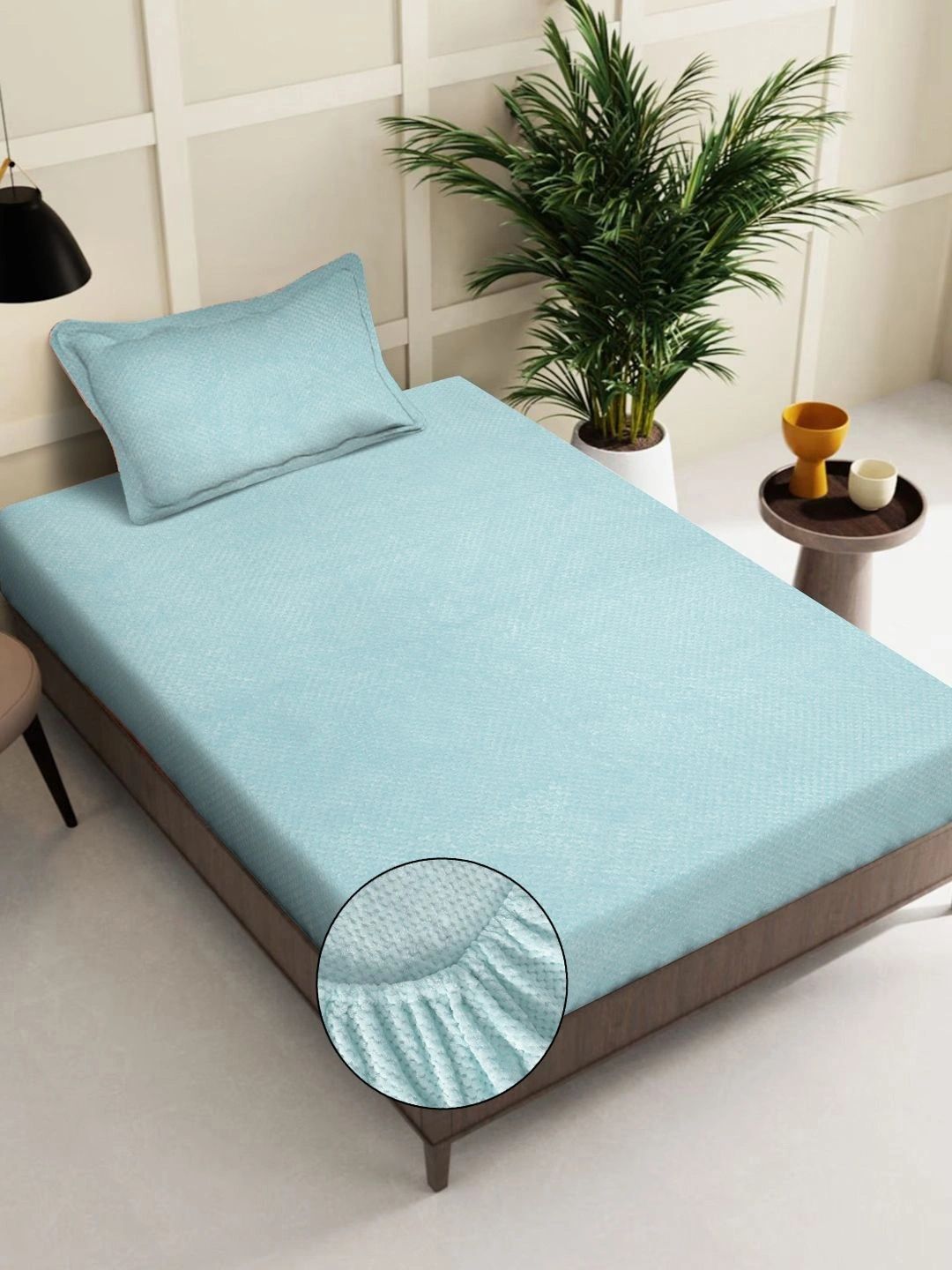 Myntra Elegant Homes Blue Solid Fitted 300 TC Wool Single Bedsheet with 1 Pillow Covers