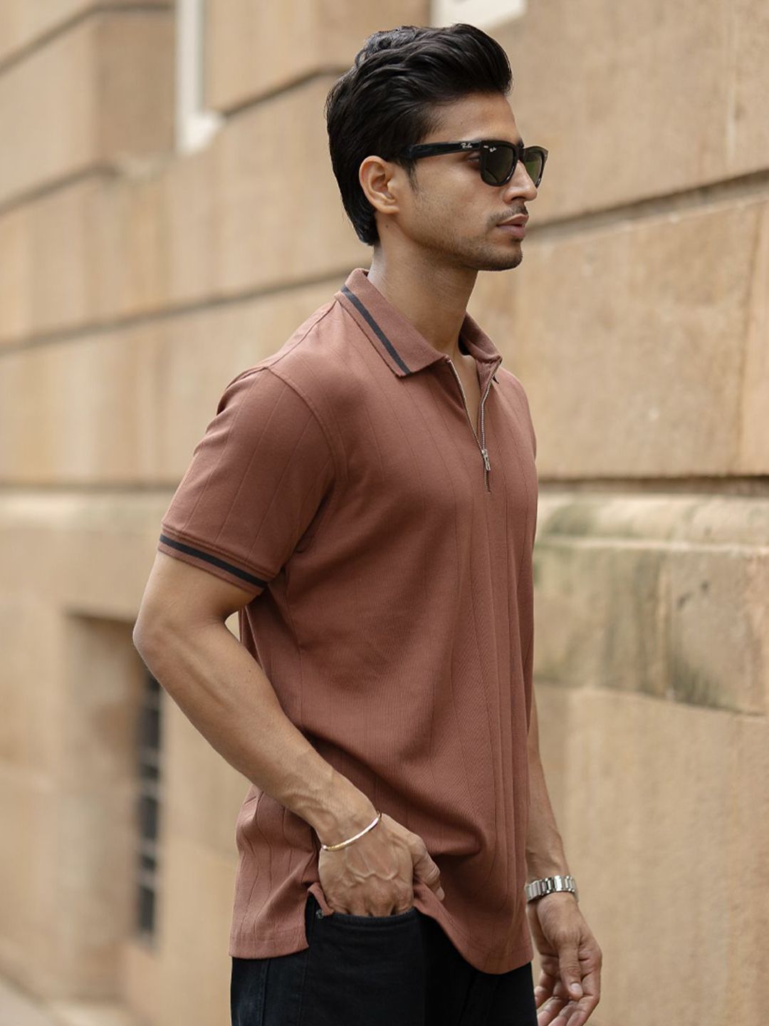 Powerlook Men Self Design Polo Collar Pure Cotton T-shirt