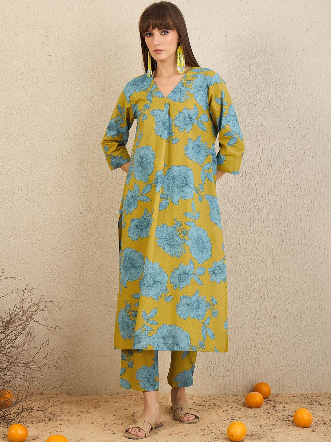 Indo Era Floral Printed V-Neck A-Line Kurta with Trousers