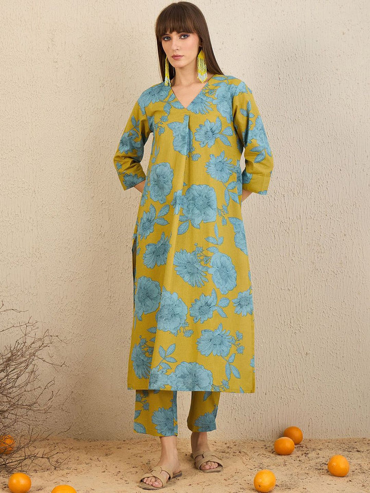 Indo Era Floral Printed V-Neck A-Line Kurta with Trousers