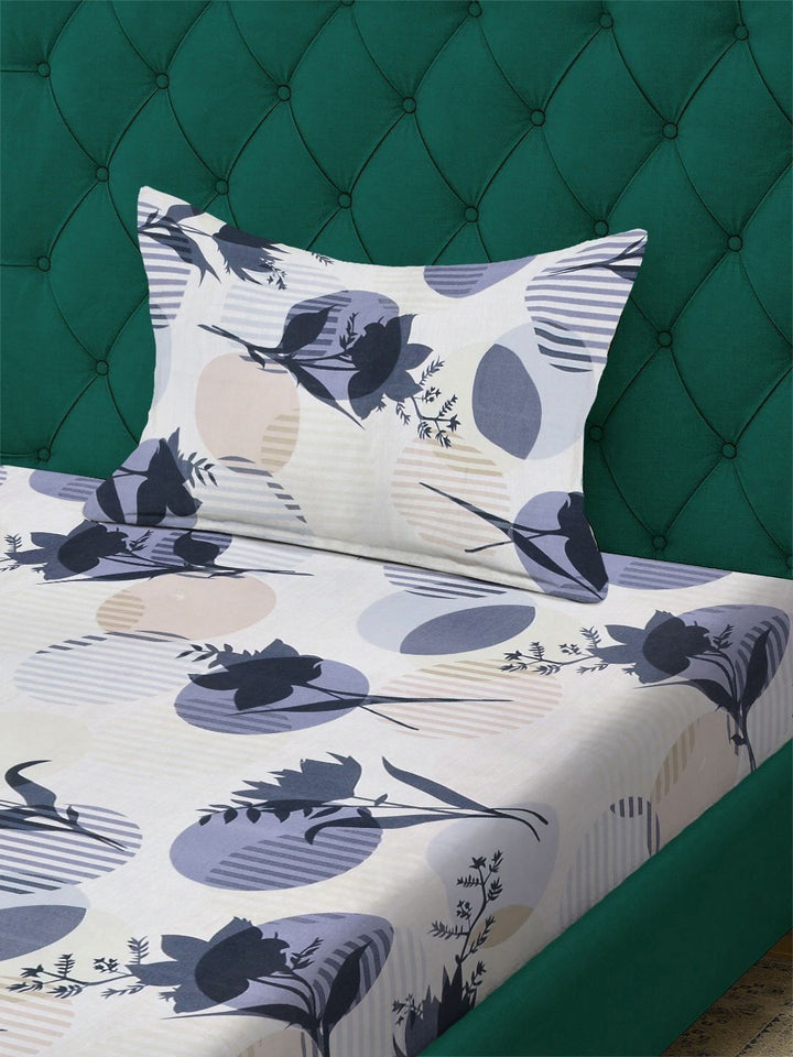 Grey & Beige Floral Printed Fitted 300 TC Single Bedsheet With Pillow Cover