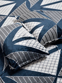 KLOTTHE Blue Geometric Printed Fitted 300 TC Super King Bedsheet With 2 Pillow Cover