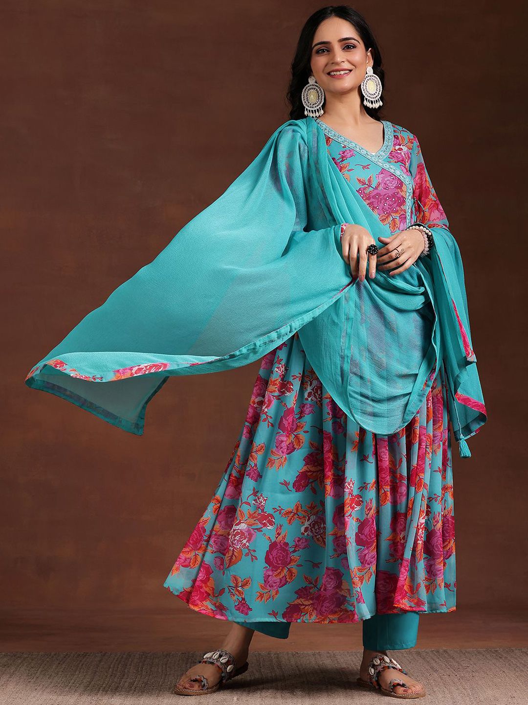 Libas Women Floral Printed Pleated Sequinned Kurta with Trousers & With Dupatta