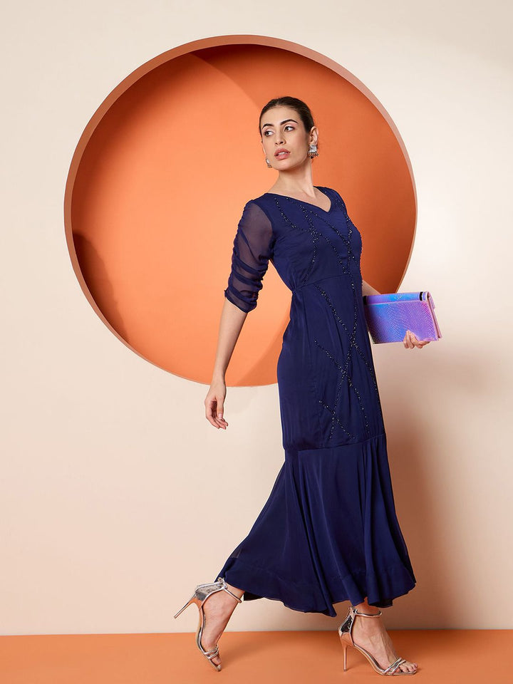 Antheaa Women Embellished Chiffon Three-Quarter Sleeves Maxi Dress
