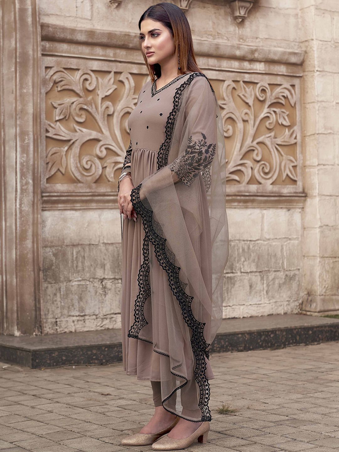 Tikhi Imli Nude Floral Embroidered Thread Work Georgette Kurta With Trouser & Dupatta